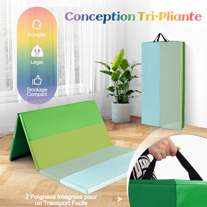 Tapis De Gym Enfant 150x100x10cm - Pliable Antidérapant - Vert/jaune - Pour Jeux Et Sport