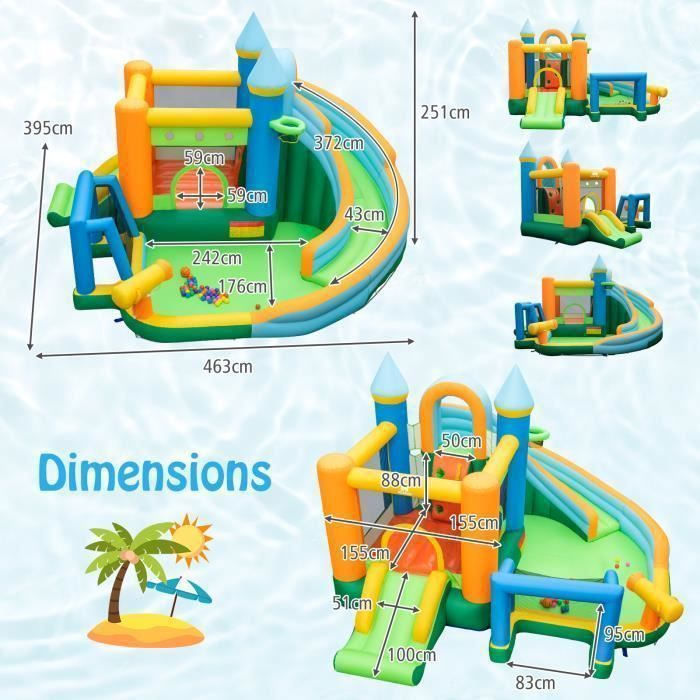 Château Gonflable 5 en 1 avec Toboggan Piscine pour Balles Grands Espaces de Jeu et de Saut Mur d'Escalade sans Souffleur