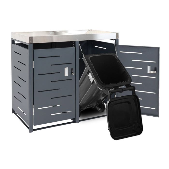 Cache poubelles triple 3 bacs 80 a 120l avec bac a plantes inox et ...