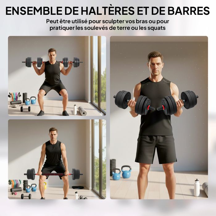 HOMCOM Ensemble d'haltères Courtes Total 25 Kg 2 en 1 poids réglable - Barres incluses - entraînement Musculaire & haltérophilie - Acier HDPE Noir Rouge (15, Kilogrammes