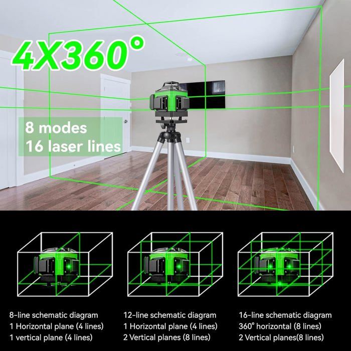 TEMPSA Niveau Laser 16 Lignes Vert Automatique 360 degrés Télécommande