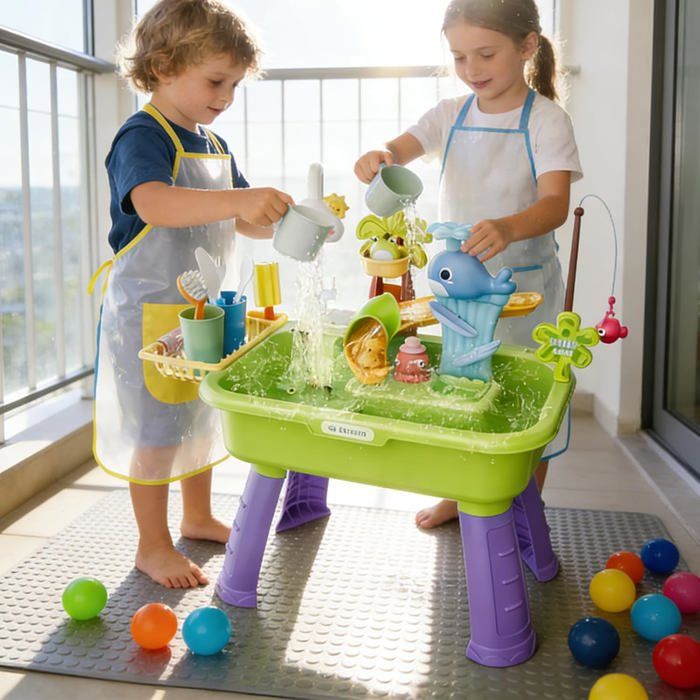 Générique Table de Jeux d'Eau 4 en 1 pour Enfants dès 3 Ans, Jet d'Eau réaliste, Jeu de pêche, Circulation d'Eau et Pieds réglables, pour Filles et garçons (Rose