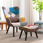 HOMEMIYN Fauteuil Patchwork Scandinave Salon ,POUF et Oreiller lombaire CADEAU Pieds Bois Massif ,Housse en Lin Multicolore