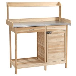 TABLE DE REMPOTAGE Table de rempotage - 2 étagères, tiroir, placard, plateau tôle acier galvanisé avec rebord, 3 crochets - bois sapin pré-huilé