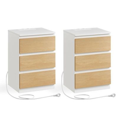 Table De Nuit Avec Station De Recharge, Avec 3 Tiroirs, 2 Prises Ca, 2 Ports USB, Blanc - Table de chevet Table De Nuit Avec Station De Recharge, Avec 3 Tiroirs, 2 Prises Ca, 2 Ports USB, Blanc - Table de chevet