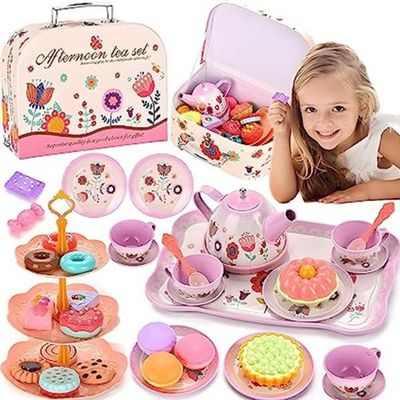 TOSUTO Service à thé en bois pour enfants, accessoires de cuisine pour enfants, jouets en bois, accessoires de cuisine avec théière, tasses, jouets à dessert, cuillères et accessoires, jouet en bois