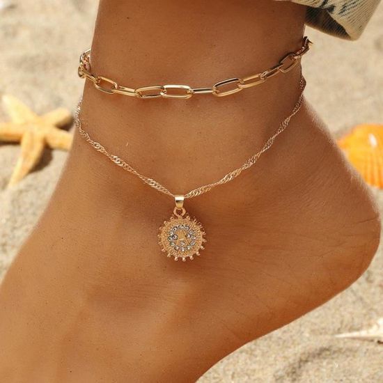 Bracelet Chaîne De Cheville Femme En Acier Plaqué Or - Avec Breloque Pieds Réglable - Modèle SSA272 - Neuf étiqueté
