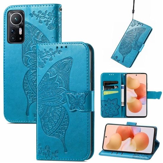 Étui Portefeuille Avizar Pour Xiaomi Redmi Note 13 Pro - Motif Papillon Mandala Bleu - Dragonne Incluse - Neuf
