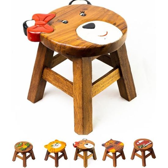 Tabouret Enfant En Bois Massif Peint - Marchepied Ou Support Plantes - Motifs Animaux Colorés - 25x25x25 Cm