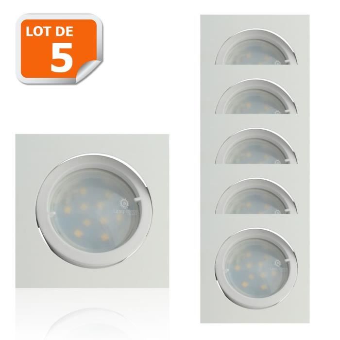 Lot de 5 Spot Led Encastrable Carré Blanc Orientable lumière Blanc Chaud 5W eq. 50W ref.404