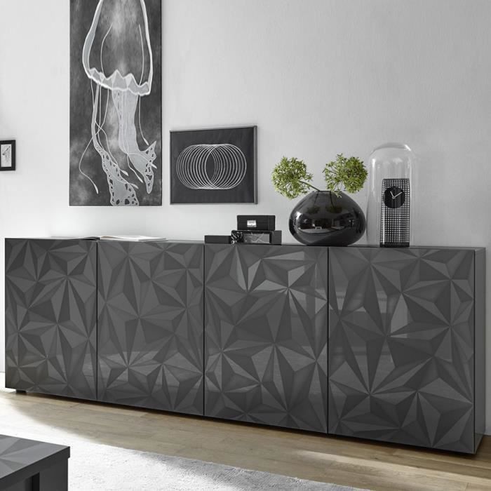 Buffet gris laqué 4 portes design NINO 2 L 241 x P 42 x H 84 cm Gris