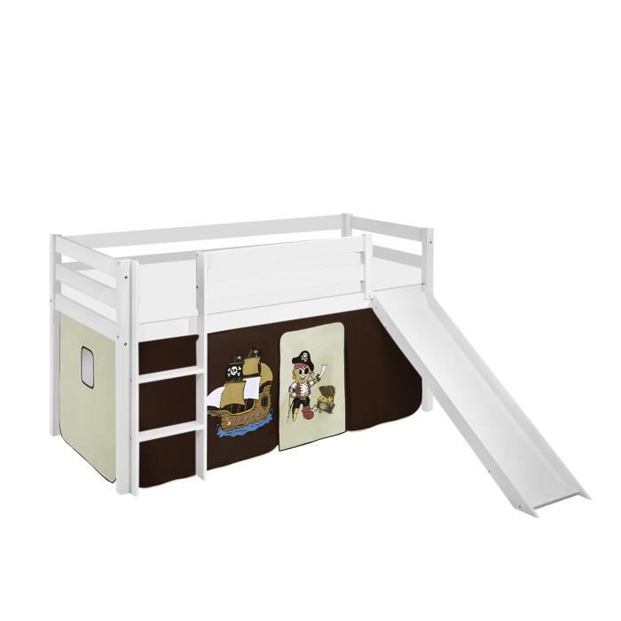 Lit surélevé ludique JELLE Pirate marron beige - avec rideaux et toboggan - LILOKIDS - blanc laqué