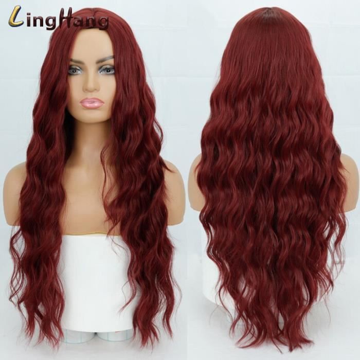 118-jiuhong-C26 pouces -LING HANG perruque synthétique ondulée longue ondulée bleue et rouge avec raie centrale naturelle pour femm