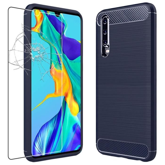 ebestStar ® pour Huawei P30 - Coque Gel Motif Fibre Carbone Luxe Flex TPU Premium + Film protection écran en VERRE Trempé, Bleu Fonc