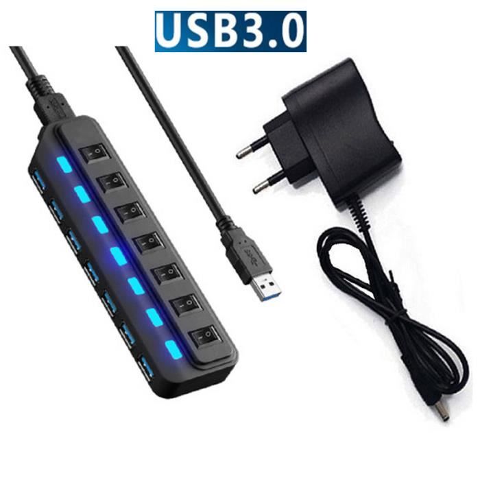 (200PCS,HUB)7 Port USB 3.0 HUB Interrupteur d'alimentation Splitter Plug & Play + câble adaptateur secteur pour PC EU GOBRO