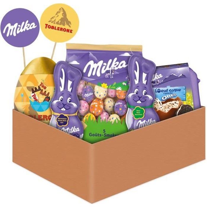 Chocolats de Pâques : Milka Petits œufs mix 5 goût + Oreo Œufs Coques + Milka Lapin au lait et noisette + Toblerone Œuf Plastique
