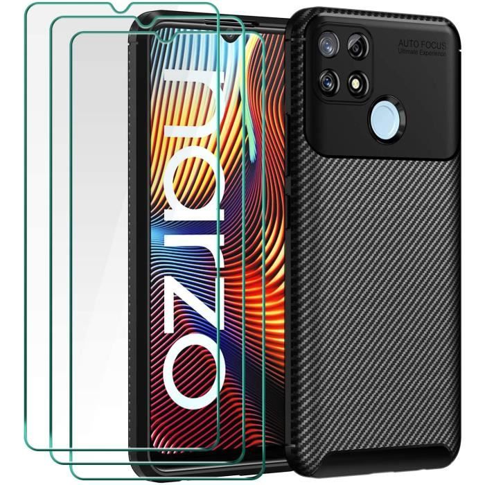 Coque Realme 7i / Realme Narzo 30A/Realme C12 avec Pack 3 Protection écran en Verre Trempé Fibre de Carbone Noir Souple TPU Housse