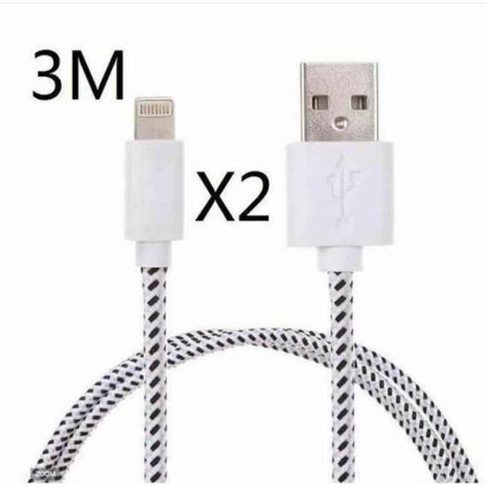 Lot de 2x Blanc 3M câble Usb pour iPhone tissu tressé Sync Cable chargeur secteur pour iPhone 5-5s 6 6s plus 7 7plus