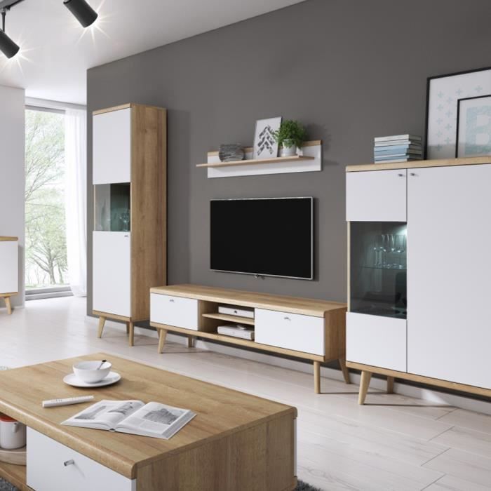 Meuble TV - SCANDI - 160 cm - blanc mat / chêne - style scandinave