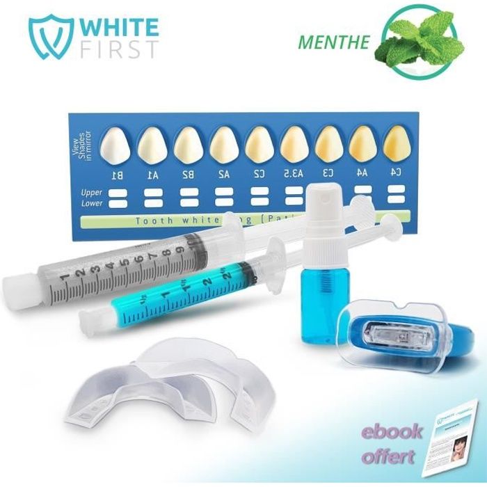 Kit blanchiment dentaire White First - Kit blanchiment dentaire 10ml gel blanchiment et 3mL de gel reminéralisant. Kit complet