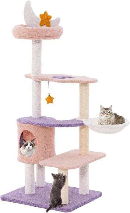 Comparer les prix de GOPLUS Arbre à Chat 140cm en Polaire Teddy, Griffoirs en Sisal, Perchoir Etoile de Lune, Condo, Hamac, Jouet Suspendu, 59x49x140cm