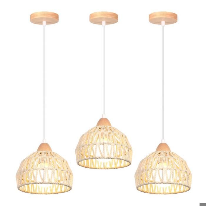 Suspension Luminaire Vintage IDEGU - Cage Abat-jour en Bois Rotin Blanc - Pour Salon