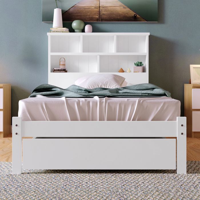 Lit avec rangement - PUGSDRLY - Junior - 90x200 cm - Pin massif + MDF - Avec tiroirs et bibliothèque