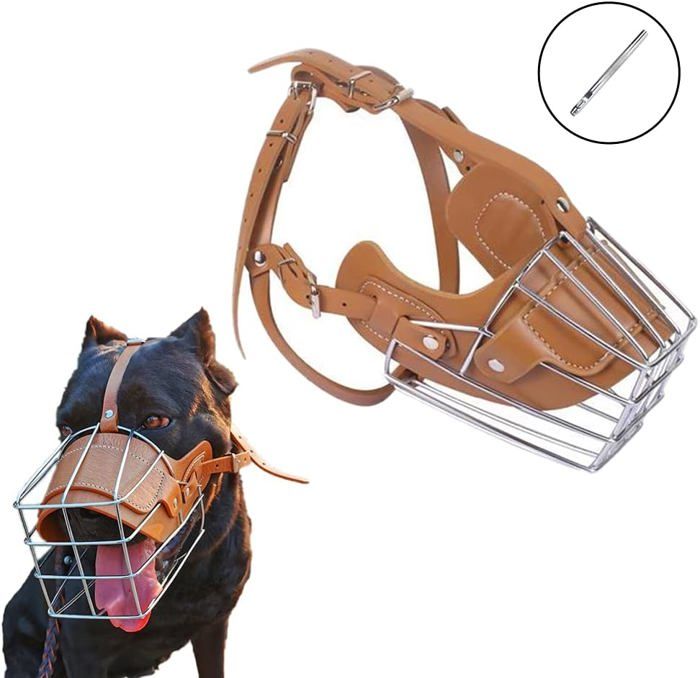 Comparer les prix de Muselière pour chien - Muselière pour chien en métal et cuir et grande taille - Muselière réglable noire avec trou en cuir