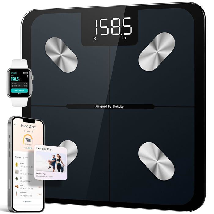 Pèse-personne Connecté Bluetooth Jusqu'à 200 Kg - Analyse Graisse Corporelle Et IMC - Garantie 2 Ans