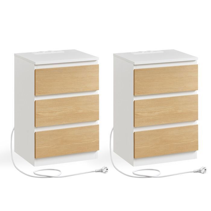 Lot de 2 Tables de Chevet avec 3 Tiroirs 2 Prises CA 2 Ports USB Blanc Nuage et Jaune Amande