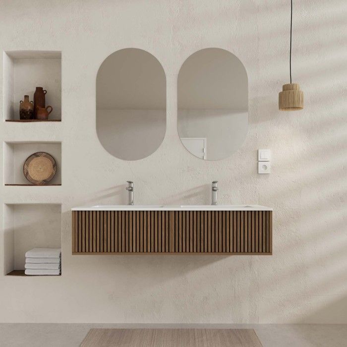 Meuble Salle de Bains YUKI 120 2 Tiroirs Décor Chêne et Noir - Vasque Blanche - Miroirs Ovales 50x80