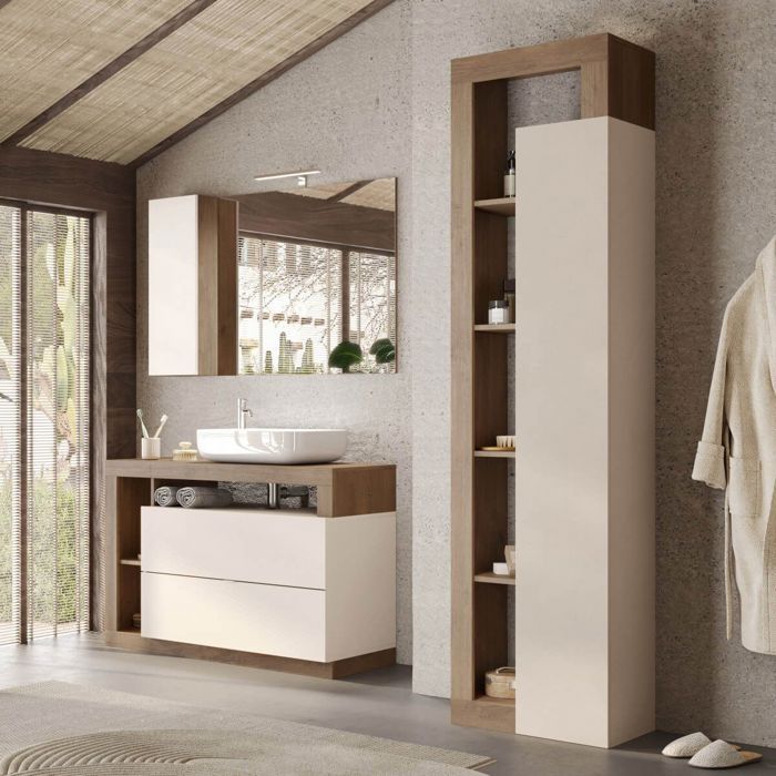 Ensemble meuble vasque 110cm + colonne Cachemire et aspect bois Mercure - ARTURO Ensemble meuble vasque 110cm + colonne Cachemire et aspect bois Mercure - ARTURO