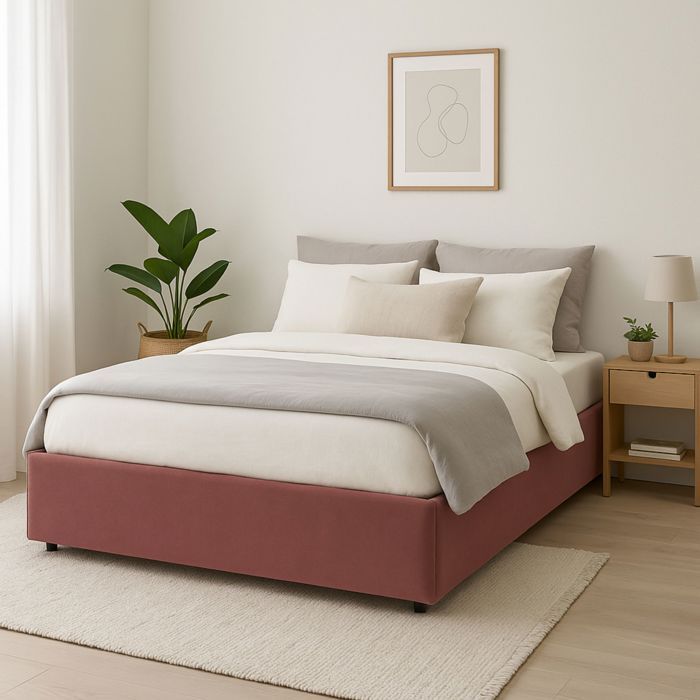 Lit coffre en velours rose poudré 140x190 - Vieux rose - Terre de Nuit