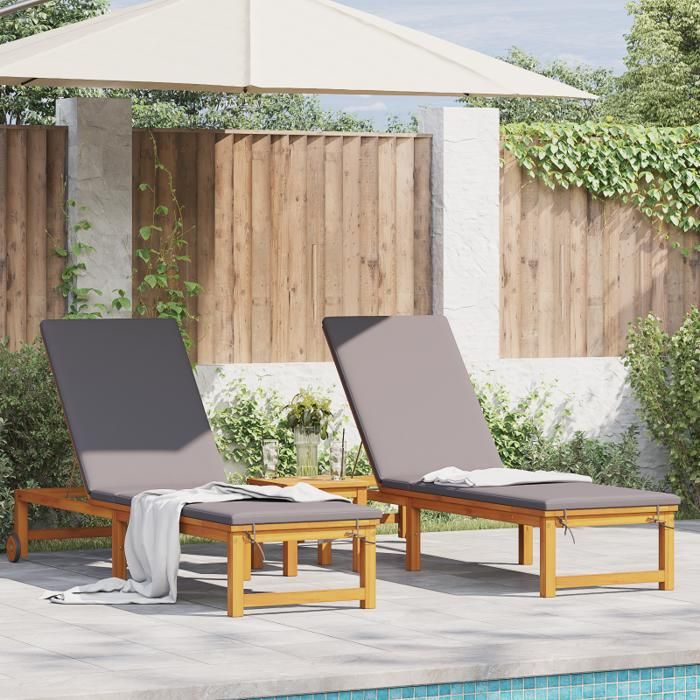 Chaises longues 2 pcs avec coussins en bois d acacia massif