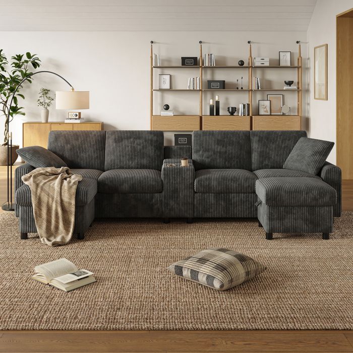 Canapé en U - TRUXEN8 - Velours côtelé - Gris - Ports USB et Type-C - Poufs avec rangement