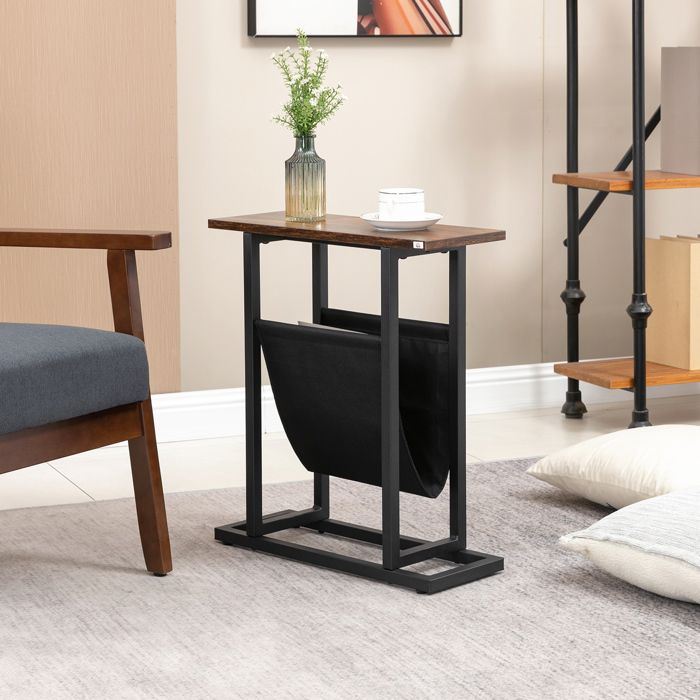 Table dappoint bout de canapé avec porte-revues strucuture en acier design industriel 49 x 19 x 55 cm noir marron foncé