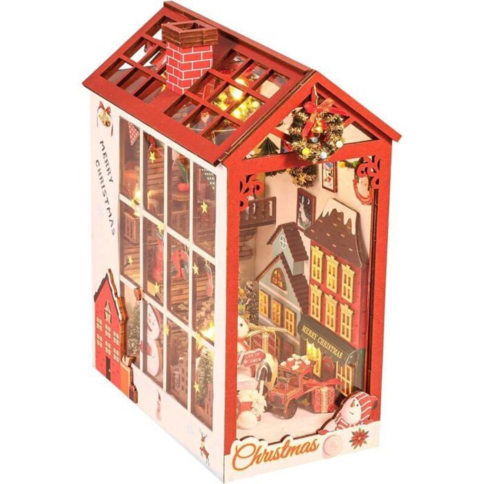 Kit Book Nook Noël 3D Bois Puzzle Musical Capteur Lumière Décor Étagère Adulte/Adolescent