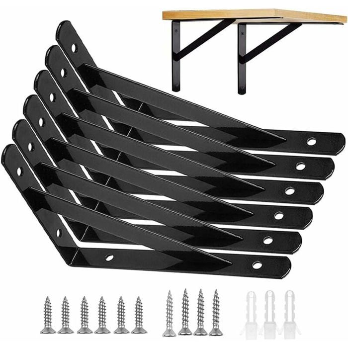 Équerres étagères murales - PZCC - 15×95 cm - Noir - Charge 30 kg - Pack de 6