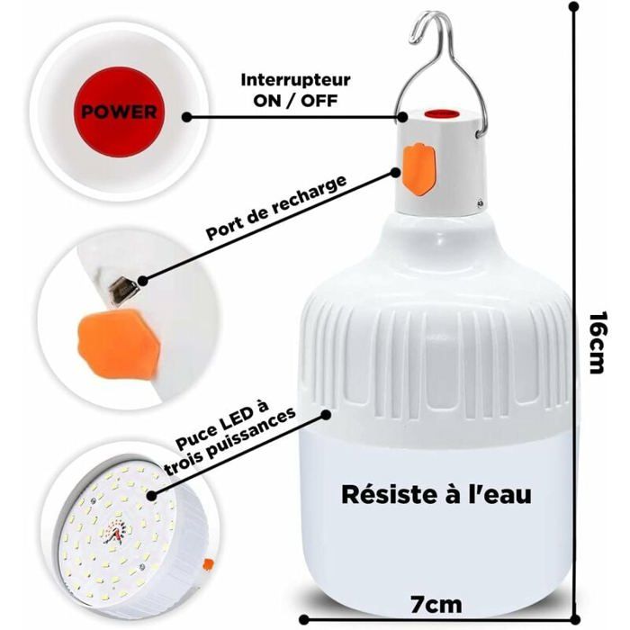 Lanterne de camping rechargeable - MICH - 2 pièces - 40 Watts - Rechargeable USB - Éclairage 360° - Blanc