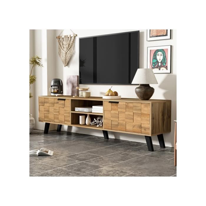 Meuble TV - BLOSSOM - 160 5 x 35 5 x 45 cm - Bois Naturel - 2 portes - Design moderne Meuble TV - BLOSSOM - 160 5 x 35 5 x 45 cm - Bois Naturel - 2 portes - Design moderne
