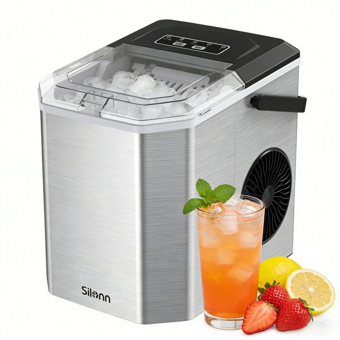 Silonn Machine à Glaçons Compacte avec Poignée /Autonettoyante Panier & Pelle Inclus /9 Glaçons en 6 Min 12 KG/Jour