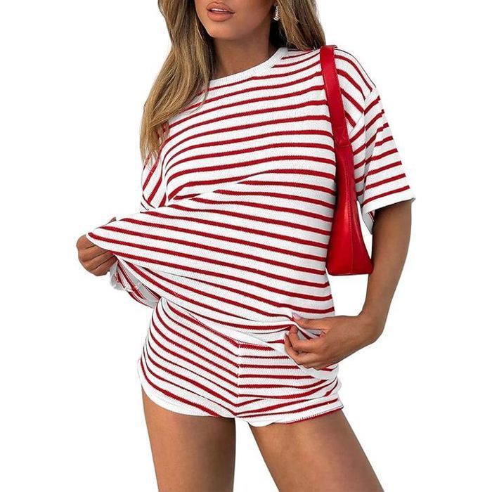 Ensemble de Survêtement Femme - T-shirt Rayé et Mini Short - Rouge - Taille XL - Confortable et Respirant
