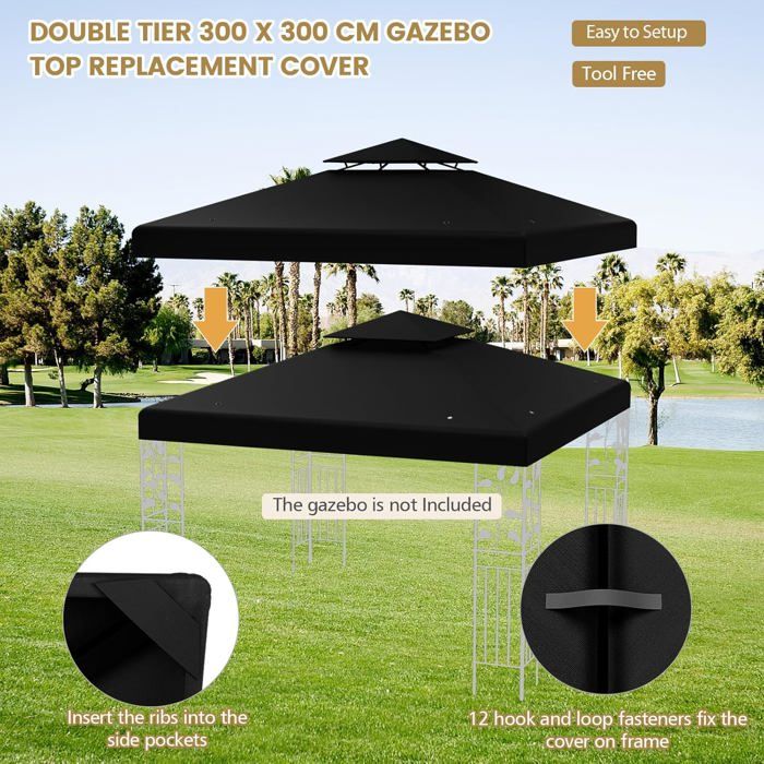 GIANTEX Toile de Rechange pour Tonnelle 3x3m Toit de Remplacement Pliable Imperméable en Polyester (Noir avec Double Toits)
