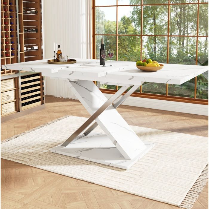 Table à manger extensible rectangulaire blanc.placage marbre. pour 6 à 8 personnes.salon/cuisine. MDF.118/157×75×76.4 cm