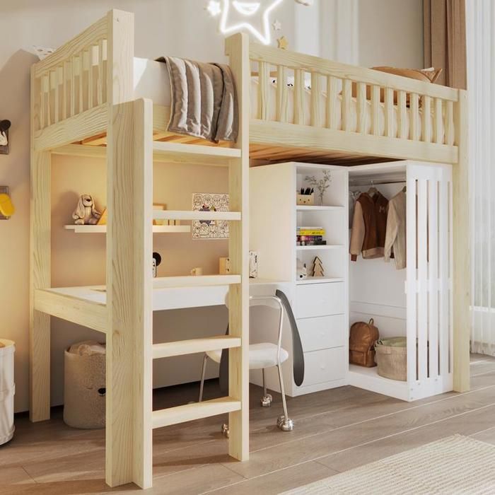 Lit mezzanine 90x200 cm avec bureau et armoire Lit enfant avec 3 tiroirs espace de rangement ouvert Couleur naturelle