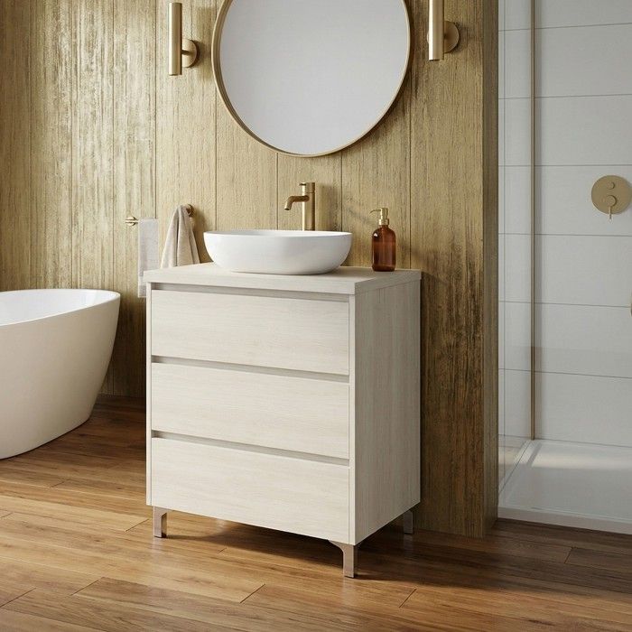 Meuble vasque à poser L.80cm sur pied 3 tiroirs Chêne blanchi LISBONA - sans colonne Meuble vasque à poser L.80cm sur pied 3 tiroirs Chêne blanchi LISBONA - sans colonne