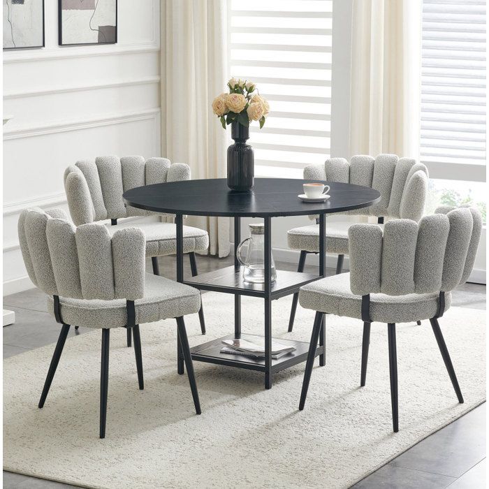 Table à manger avec chaises 4 personnes avec 1 table ronde 107 cm et 4 chaises tissu gris clair