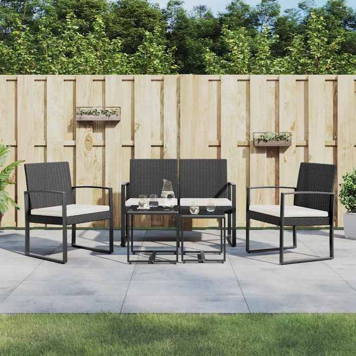 VIDAXL Ensemble Table avec chaises jardin + coussins - (5 pcs) - ANTI-UV - noir rotin PP 54.5x57x77.5 cm M8813