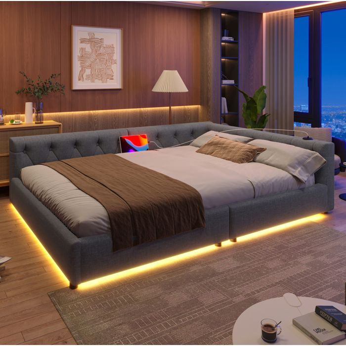 COVREO Lit banquette 140x200 cm avec sommier USB Type-C LED 7 couleurs tissu lin gris