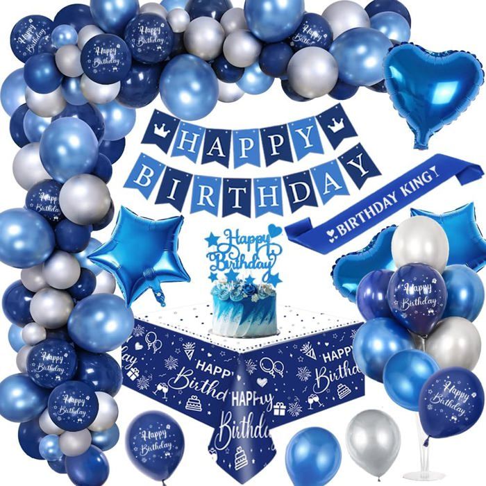 Kit déco anniversaire garçons et hommes : Arche ballons Bandeau Joyeux Anniversaire dessus de gâteau nappe